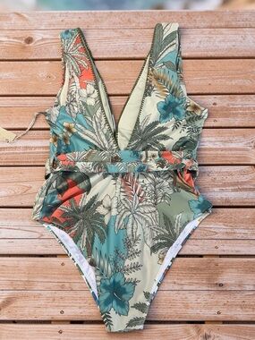 Tropical V-Neck Belted One-Piece Swimsuit in Teal and Coral